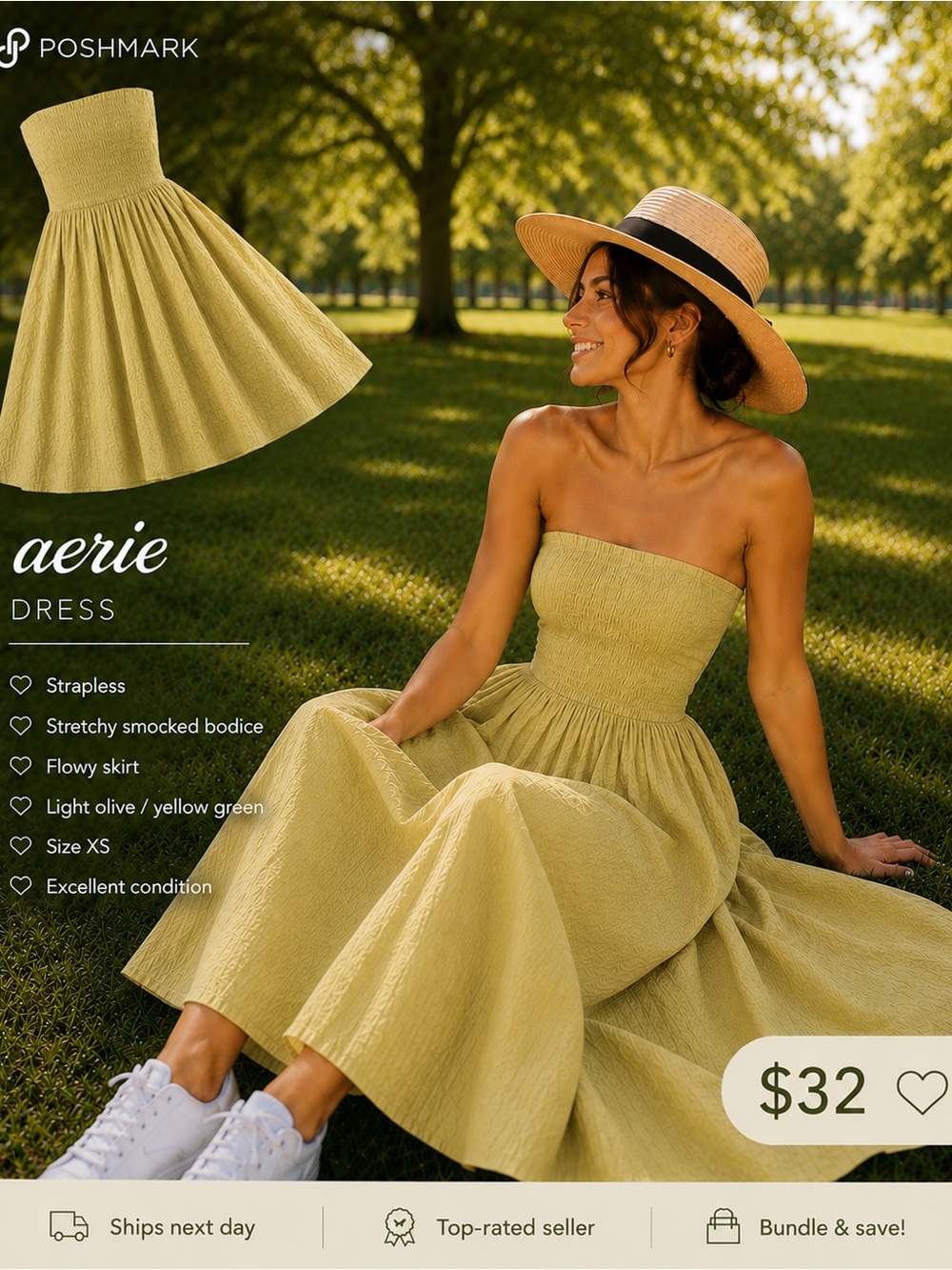 aerie Strapless Bright Yellow Midi Dress